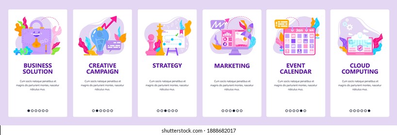 Creative campaign, business strategy and solution, marketing, cloud computing. Mobile app onboarding screens. Vector banner template for website and mobile development. Web site design illustration.