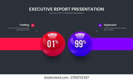 Creative Campaign Frame Design Vector Illustration. Project Showcase Two Element Chart Slideshow Layout. Elegant Solution 2 Step Infographic Presentation Template.