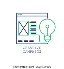 Icono vectorial de campañas creativas, símbolo de bombilla. Ilustración vectorial plana moderna y simple para sitio web o aplicación móvil. color azul y verde