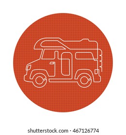 A creative camper van drawing with one continuous line. Perfect logo or icon for RV vehicles, caravan rental, family vacation trip or camping club. Stock vector illustration.