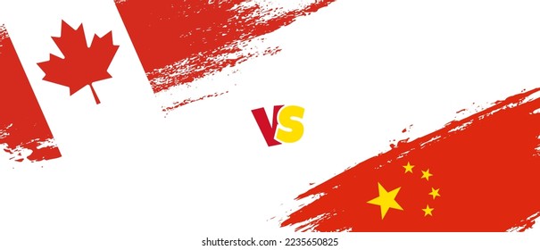 Creative Canada vs China brush flag illustration. Artistic brush style two country flags relationship background