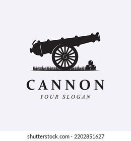cañón creativo, cañón de cañón, y el logo vintage de artillería con plantilla de lema