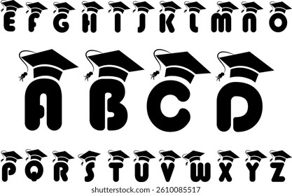 Creative A–Z capital letter vector set with graduation caps. Perfect for educational, academic, and graduation-themed designs, titles, or school event graphics.