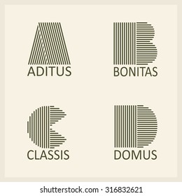 Creative Capital letters A, B, C, D. Made of parallel strips. Templates for logos, emblems and monographs.
