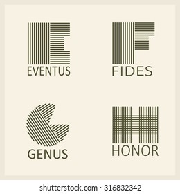 Creative Capital letters E, F, G, H. Made of parallel strips. Templates for logos, emblems and monographs.