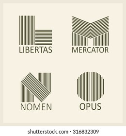 Creative Capital letters L, M, N, O. Made of parallel strips. Templates for logos, emblems and monographs.