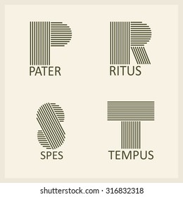 Creative Capital letters P, R, S, T. Made of parallel strips. Templates for logos, emblems and monographs.
