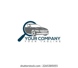 Creative Car Finder Logo Design. Magnifying Glass and Car Vector Illustration.