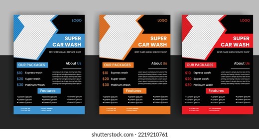 Juego de volante de lavado de coches creativo, paquete de planos abstracto de lavado de coches, Detailing Detailing, Auto Detailing Flyer, plantillas de póster de lavado de coches