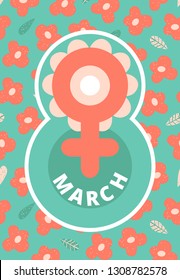 Creative card 8 March with female gender icon. Minimalistic design. Celebrate international women's day 8 March. Vector illustration