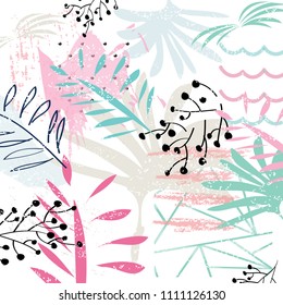 Creative card with abstract tropical backgrounds. Trendy hipster style. Bright pink, blue colors. Usable for greeting cards, invitations, poster, flyer, brochure, sticker, planner or cover