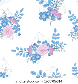 Creative card with geometric contour crystal and a bouquet of flowers. Vector flower illustration