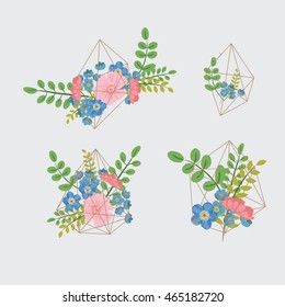 Creative card with geometric contour crystal and a bouquet of flowers. Vector flower illustration