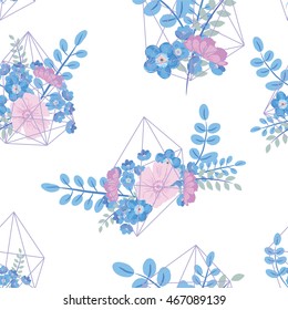 Creative card with geometric contour crystal and a bouquet of flowers.   flower illustration