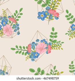 Creative card with geometric contour crystal and a bouquet of flowers. Vector flower illustration