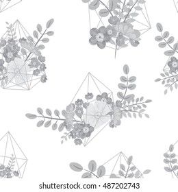 Creative card with geometric contour crystal and a bouquet of flowers. Vector flower illustration
