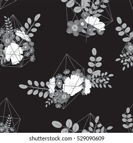 Creative card with geometric contour crystal and a bouquet of flowers. Vector flower illustration
