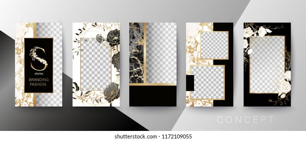 Creative card, invitation, frame for text or photo. Quote template.  Art concept for Stories.  Black marble, floral and golden frame. 