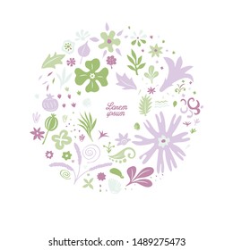 creative card template design with frame made of many different colorful floral doodes