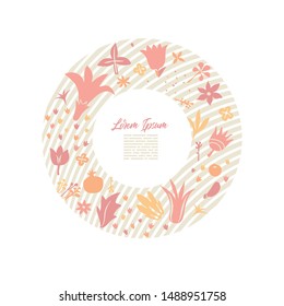 creative card template design with round frame made of many different colorful floral doodes