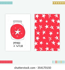 Creative card templates: Make a wish. Creative Hand Drawn card for wedding, anniversary, birthday, Valentine's day, party invitations. Blue, pink, black and gold. Vector illustration.