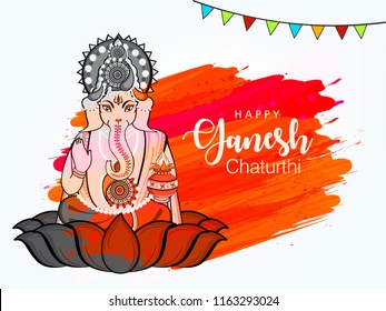 Creative card,poster or banner for festival of Indian festival ganesh chaturthi celebration with text of happy ganesh chaturthi and idol of lord ganesh.
