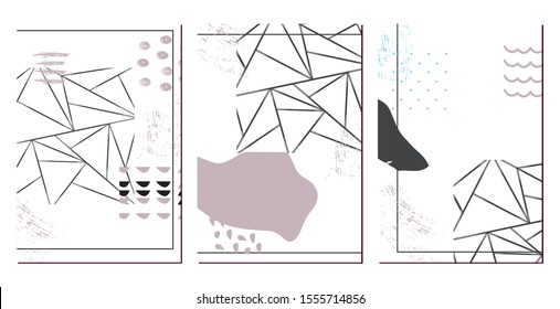 Creative cards with abstract geometric backgrounds. Trendy hipster style. Pastel purple, blue colors. Contemporary art collage