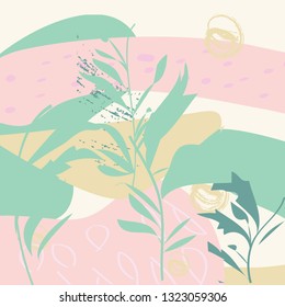 Creative cards with abstract geometric shapes. Trendy hipster style. Pastel green, pink colors. Contemporary art collage
