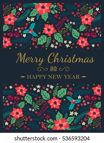 Creative cards. Christmas Posters. Greeting card with Winter plants on a blue background. Modern lettering "Merry Christmas and happy new year". Holiday backdrop. Vector illustration. 