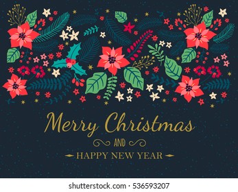 Creative cards. Christmas Posters. Greeting card with Winter plants on a blue background. Modern lettering "Merry Christmas and happy new year". Holiday backdrop. Vector illustration. 