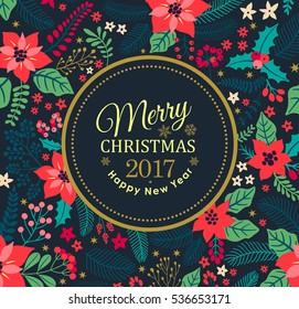 Creative cards. Christmas Posters. Greeting card with Winter plants on a blue background. Modern lettering "Merry Christmas and happy new year". Holiday backdrop. Vector illustration. 