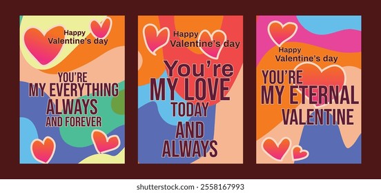 Creative Valentine’s Cards with Elegant Pastel Art and Hearts. A set of Valentine’s Day greeting card with sample text, red hearts and abstract backgrounds templates vector illustration. 