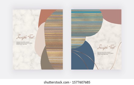 Creative cards with freehand abstract hand painting blue, orange and brown shapes. Trendy templates for wedding invitation, banner, card, flyer, poster
