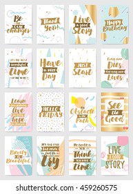 Creative cards with inspirational quotes on abstract geometric backgrounds. Thank you, happy birthday, etc. Trendy hipster style. Motivational text. Greeting cards, invitations, posters.