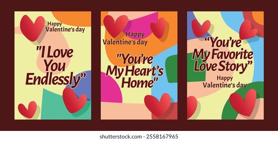 Creative Valentine’s Cards with Modern Pastel Color Schemes. A set of Valentine’s Day greeting card with sample text, red hearts and abstract backgrounds templates vector illustration. 