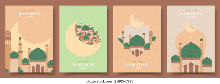 Creative cards for Ramadan Kareem. Vector illustration with mosque, stars and crescent in pastel colors. Holy month Ramadan. Modern posters for Islamic holiday. Arabic text translation Ramadan Kareem.