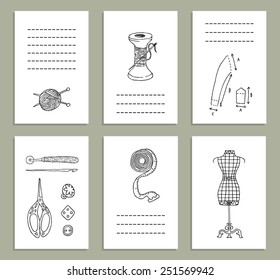 Creative cards with vintage sewing accessories. Vector. Doodle. Isolated.