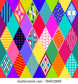 Creative carnival background. Seamless vector pattern with rhombus and different geometric ornaments. Template for banners, posters, covers, cards, invitations, textile design.