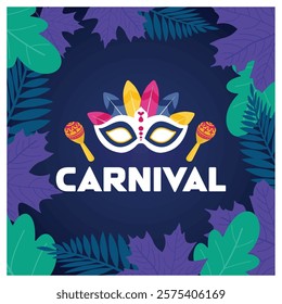 Creative carnival themed featuring a festive mask, vibrant maracas, and colorful foliage. Perfect for celebrating cultural festivals, parties, or seasonal events associated with joy and music.