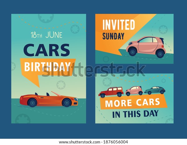 Creative cars birthday party invitation designs.\
Trendy big holiday invitations with stylish vehicles and text.\
Transport and transportation concept. Template for leaflet, banner\
or flyer