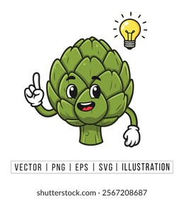 Creative Cartoon Artichoke Character with Lightbulb Idea Illustration