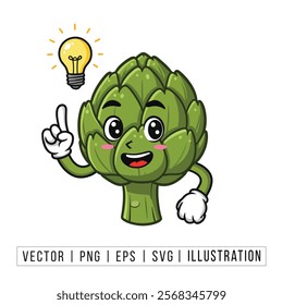 Creative Cartoon Artichoke Character with Lightbulb Idea Illustration