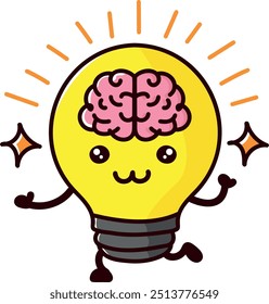 Creative cartoon brain lightbulb concept for idea, innovation with cute face and sparkles, lightbulb having a great idea.