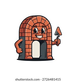 Cartoon Cartoon Tijolo Personagem Segurando Troalha na cena arquitetônica lúdica