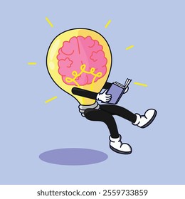 A creative cartoon character holding a brain-shaped light bulb, symbolizing innovation, imagination, and brainstorming. Great for educational or creative content.