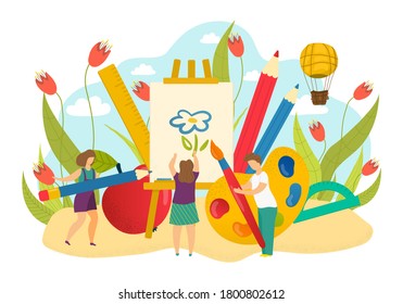 Creative cartoon children drawing art, vector illustration. Girls and boy kid character people with paper, happy creativity education concept Child paints by brush, cute childhood hobby concept.