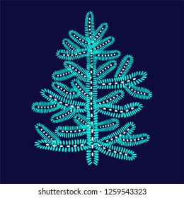 Creative cartoon Christmas tree isolated on dark blue background in flat style. For New Year winter design, Christmas greeting card mockup,, gift wrapping paper, clipart. Vector illustratlion.
