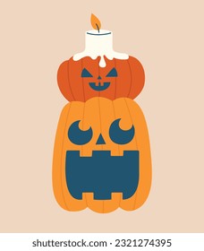 Creative cartoon clipart for Halloween with evil pumpkins and candle. Cute hand drawn sticker, badge, label, illustration. Happy Halloween concept.