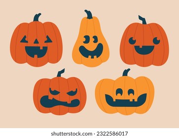 Creative cartoon cliparts for Halloween with evil, funny pumpkins. Cute hand drawn stickers, badges, labels, illustrations. Happy Halloween concept.