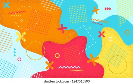 Creative cartoon color splash background with geometric shapes. Abstract pattern in memphis 80s-90s style. Vector illustration colorful spotty pattern with lines and dots.